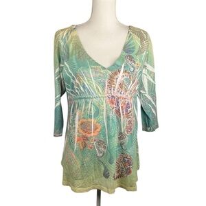 Yukiko 90's Y2K Beaded Floral Paisley Boho Flowy Festival V-Neck Top Size XL